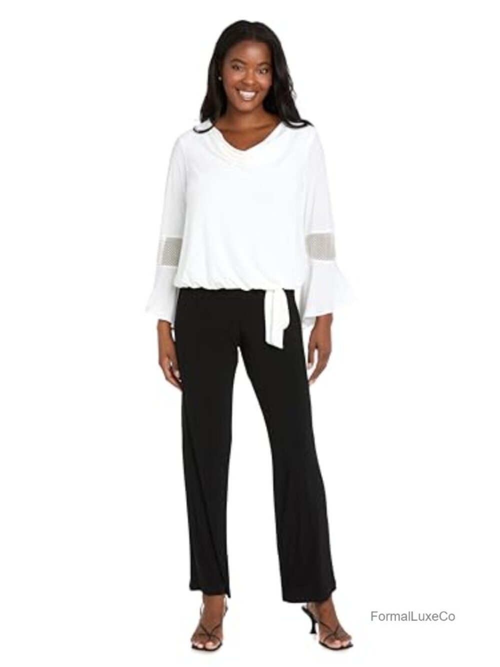 Cowl Neck Embellished Bell Sleeve Top Rhinestone Ruffle ITY Knit